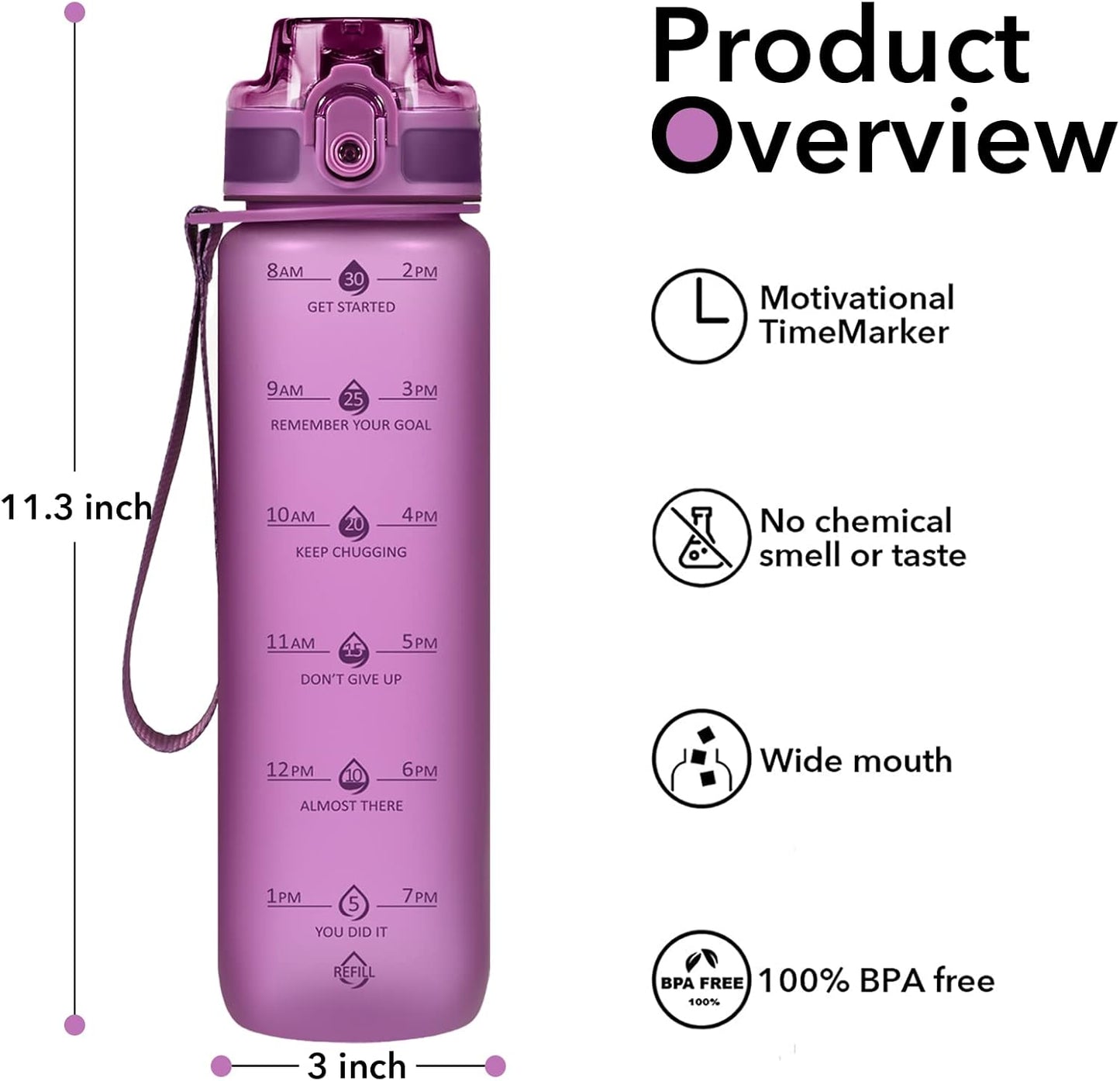 32oz Water Bottle with Time Marker, Motivational Drinking Bottle with Strap, BPA-Free Leak-Proof, Encouraging Water Bottle Time to Drink Water for Gym School Office Travel