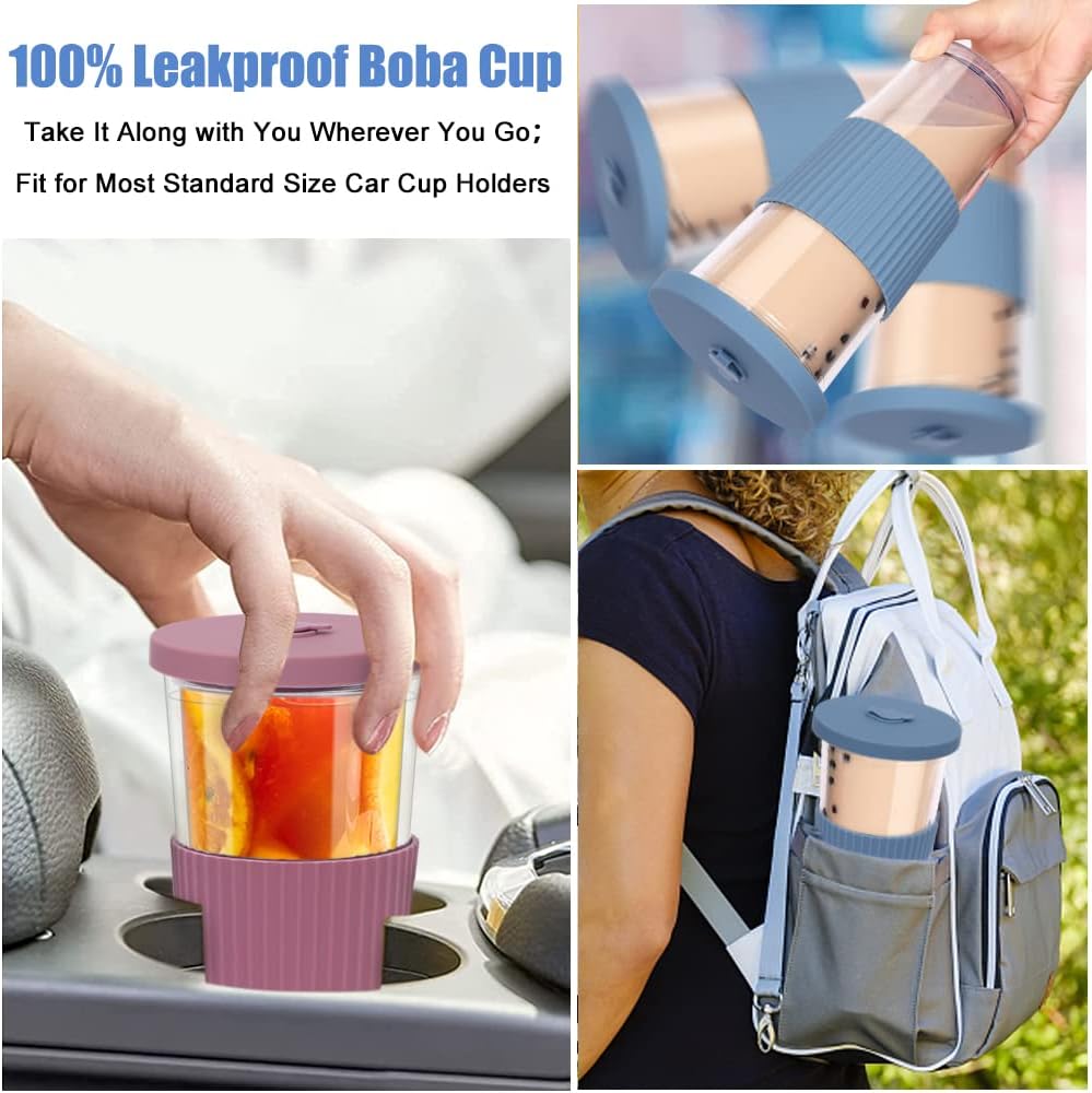 2 Pack Reusable Boba Tea Cups, 24oz Iced Coffee Cup with Straw and Lid, Leakproof Clear Plastic Cups Tumbler, Double Wall Insulated Smoothie Tumbler, Wide Straw for Bubble Tea, Black and White