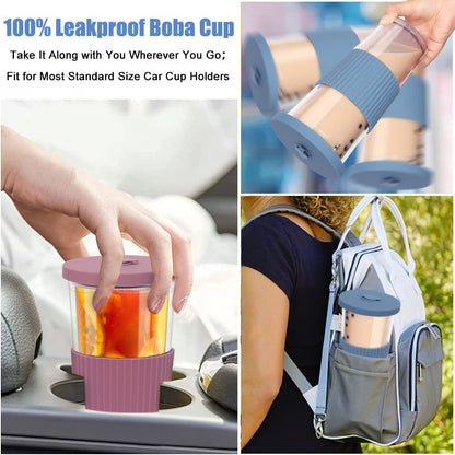 2 Pack Reusable Boba Tea Cups, 24oz Iced Coffee Cup with Straw and Lid, Leakproof Clear Plastic Cups Tumbler, Double Wall Insulated Smoothie Tumbler, Wide Straw for Bubble Tea, Black and White