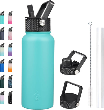 BJPKPK Insulated Water Bottles with Straw Lid, 40oz Stainless Steel Water Bottles with 3 Lids, BPA Free Leakproof Thermo, Tumblers, Cups for Sports, Gym- Midnight - Colors A