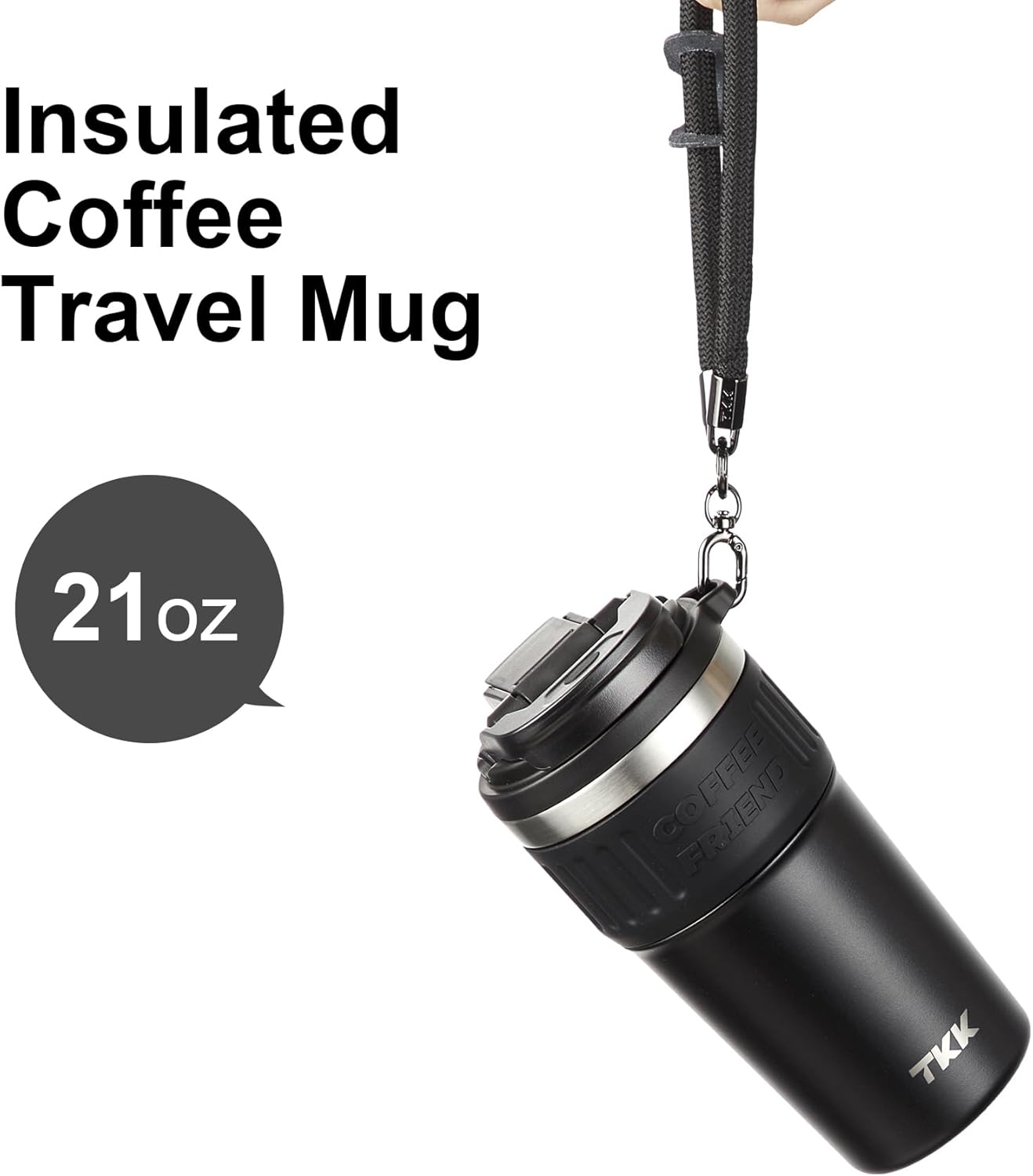 TKK Insulated Coffee Mug with Ceramic Coating, 21oz Iced Coffee Tumbler Cup with Straw Lid Double Wall Vacuum Leak Proof Travel Mug with Strap for Hot and Iced Beverage, Tungsten Steel