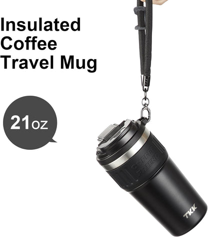 TKK Insulated Coffee Mug with Ceramic Coating, 21oz Iced Coffee Tumbler Cup with Straw Lid Double Wall Vacuum Leak Proof Travel Mug with Strap for Hot and Iced Beverage, Tungsten Steel
