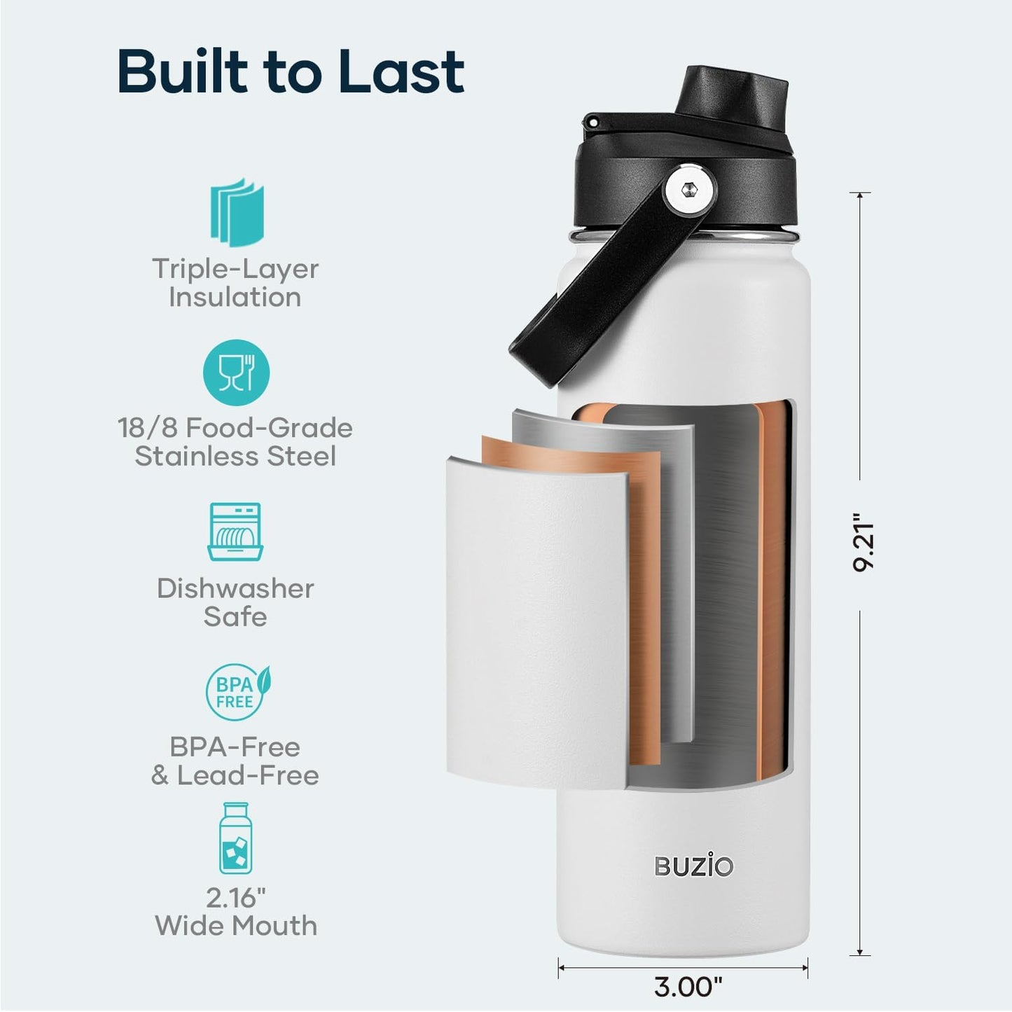 BUZIO 40oz Insulated Water Bottle, Triple Wall Vacuum Stainless Steel Water Flask with 2 lids, Lead-Free BPA-Free Straw Lid Sports Canteen Jug, Cold 48H & Hot 24H- Black - Colors A
