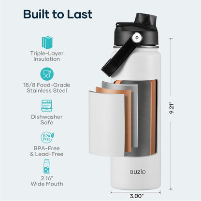 BUZIO 40oz Insulated Water Bottle, Triple Wall Vacuum Stainless Steel Water Flask with 2 lids, Lead-Free BPA-Free Straw Lid Sports Canteen Jug, Cold 48H & Hot 24H- Black - Colors A