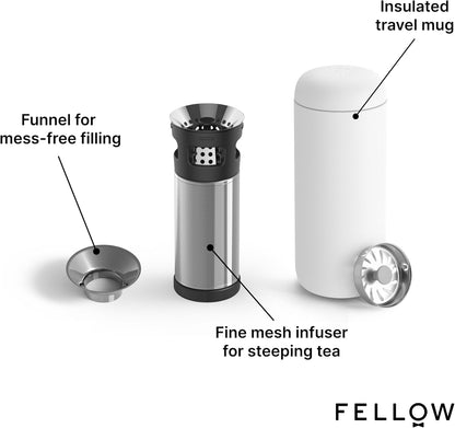 Fellow Carter Tea + Cold Brew Infuser & Carter Move 16 oz Tumbler Set - Steep Tea On-The-Go - Vacuum-Insulated Stainless Steel Travel Mug w/Snap-In Infuser For Steeping, Cold Brew, Stone Blue