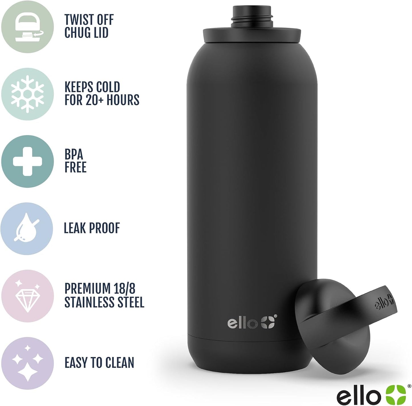 Ello Cooper 22oz Stainless Steel Water Bottle with Straw and Carry Handle, Double Walled and Vacuum Insulated Metal, Leak Proof Locking Lid with Soft Silicone Spout, Reusable, BPA Free, Lilac