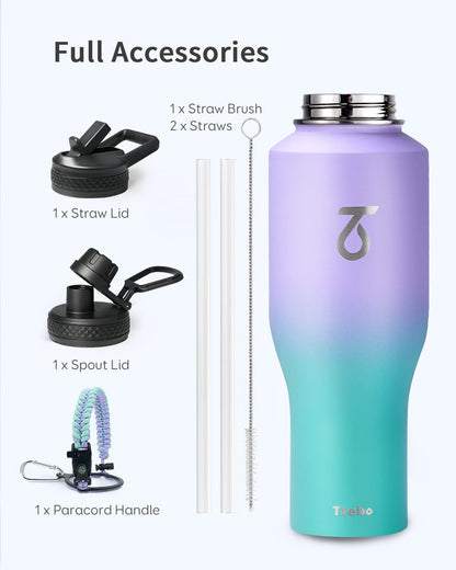 Trebo 40 oz Water Bottle Insulated Fit Car Cup Holder with Handle, Stainless Steel Water Bottles Tumbler with Spout Straw Lids, Double Wall Travel Reusable Flask, Leakproof Mug,Keep Cold &Hot,Black