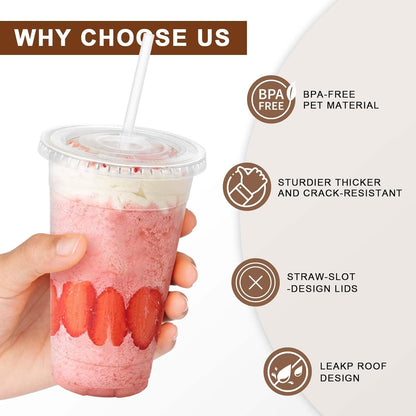 Clawsoff 100 Pack 20 oz Disposable Clear Plastic Cups with Lids and Straws, Leak-Proof Sturdy Cold Drink Cups for Iced Coffee, Smoothies, Juice, Parties & Business