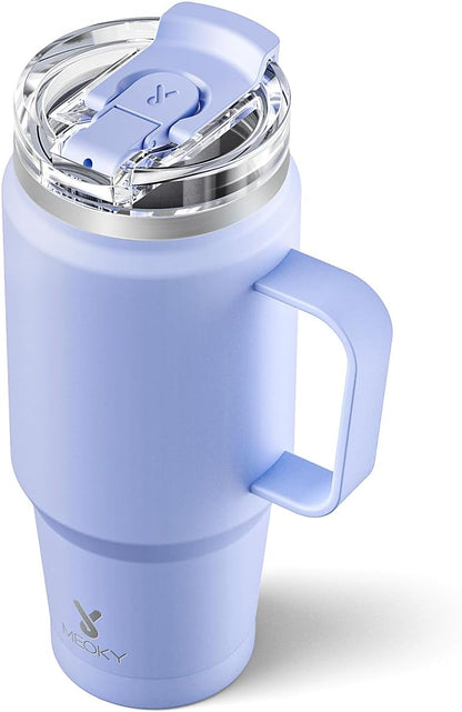 Meoky 32oz Tumbler with Handle, Stainless Steel Travel Mug with 2-in-1 Straw and Sip Lid, Vacuum Insulated Coffee Mug, 100% Leak Proof, Keeps Cold for 24 Hours or Hot for 8 Hours (Sky)