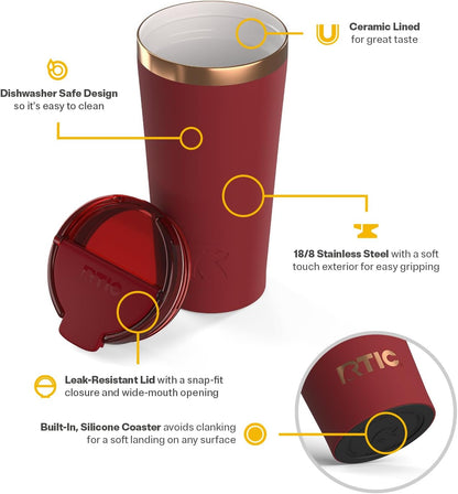 RTIC 18oz Happy Hour Pint Tumbler with Lid, Insulated, Ceramic Lined, Stainless Steel Metal, Portable Travel Cup for Hot and Cold Drink, Black Cherry