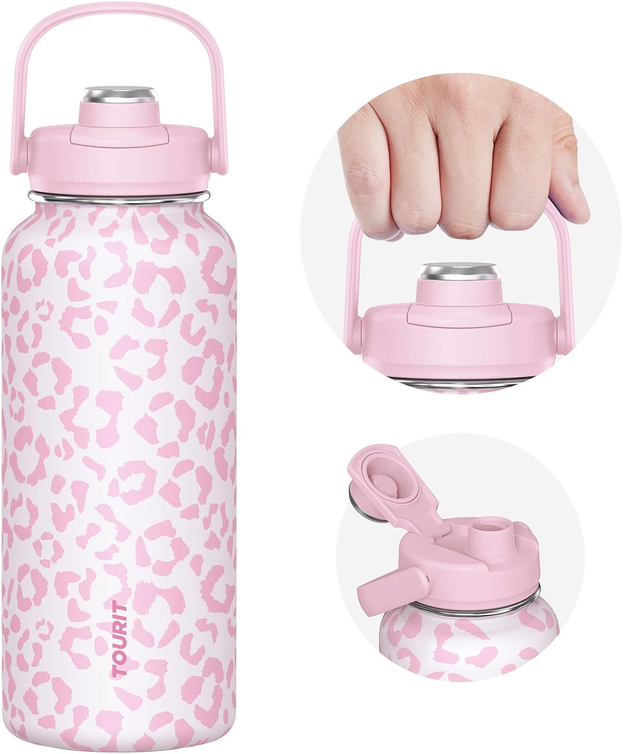 TOURIT 32 oz Insulated Water Bottle, Stainless Steel Sports Water Bottles With Top Handle, Double-Wall Travel Thermal Water Flask, BPA Free Leakproof Water Bottle for Sports and Travel,Pink