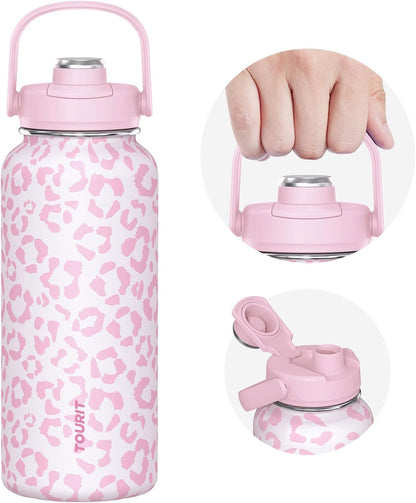 TOURIT 32 oz Insulated Water Bottle, Stainless Steel Sports Water Bottles With Top Handle, Double-Wall Travel Thermal Water Flask, BPA Free Leakproof Water Bottle for Sports and Travel,Pink