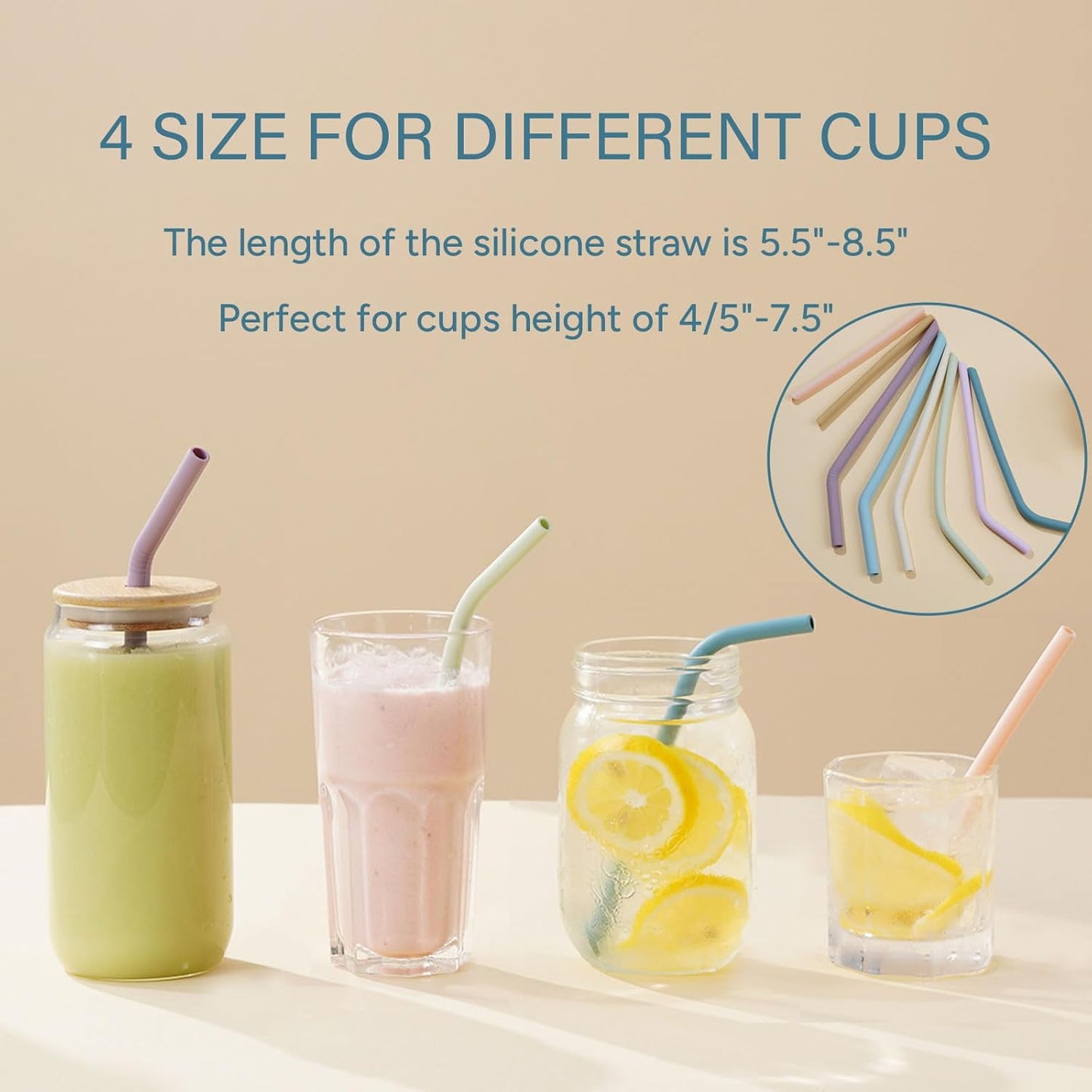 4-Size Reusable Silicone Straws with Travel Keychain Cases-Portable Collapsible For Cruise Ships, Short-Long Size For 4-20 oz Tumblers,Kids Toddlers Adults, Standard&Wide For Regular Liquid&Smoothie