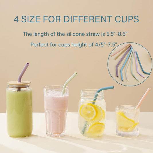 4-Size Reusable Silicone Straws with Travel Keychain Cases-Portable Collapsible For Cruise Ships, Short-Long Size For 4-20 oz Tumblers,Kids Toddlers Adults, Standard&Wide For Regular Liquid&Smoothie