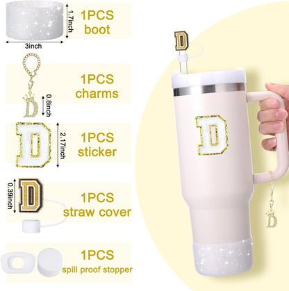 Mity Rain 6pc Cup Accessories Set for Stanley 30 oz & 40 oz Tumbler with Handle, Including Straw Cover Cap, Cup Initials Charm, Silicone Boot, Round & Square Spill Proof Stopper