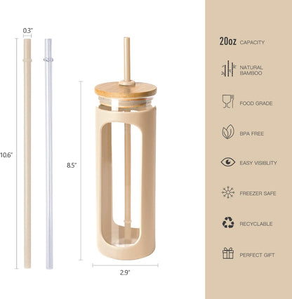 Kodrine 20oz Glass Water Tumbler with Straw and Lid, Bamboo Lids Water Bottle, Iced Coffee Cup Reusable, Wide Mouth Smoothie Cups with Protective Silicone Sleeve BPA FREE-Black - Colors B