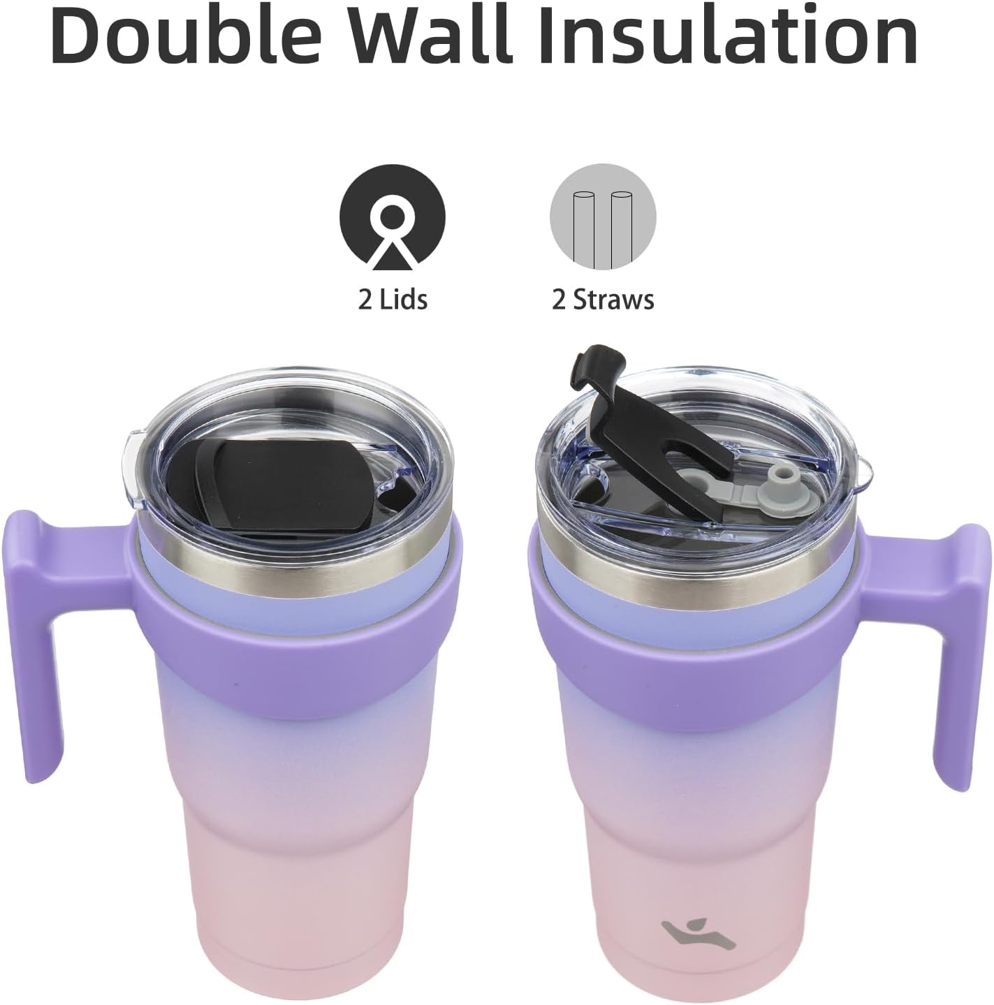 Konokyo 20 oz Tumbler with Handle and 2 Straw 2 Lid, Insulated Water Bottle Stainless Steel Vacuum Cup Reusable Travel Mug,Black