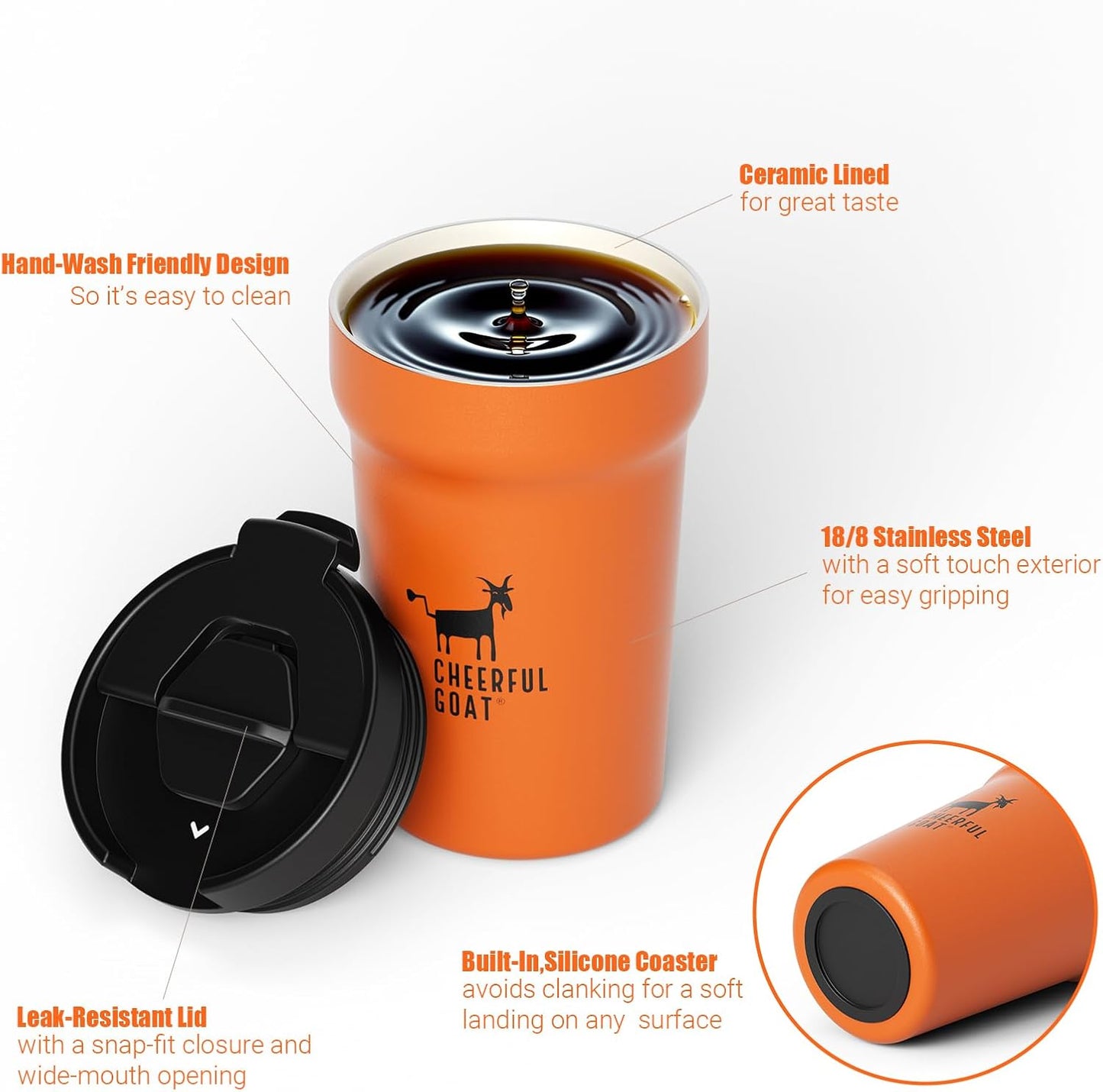 CHEERFUL GOAT Insulated Coffee Mug – Stainless Steel Travel Coffee Tumbler with Ceramic Liner, 12oz Coffee Cup for Hot and Cold Water Coffee at Home, Office, or On the Go (orange)