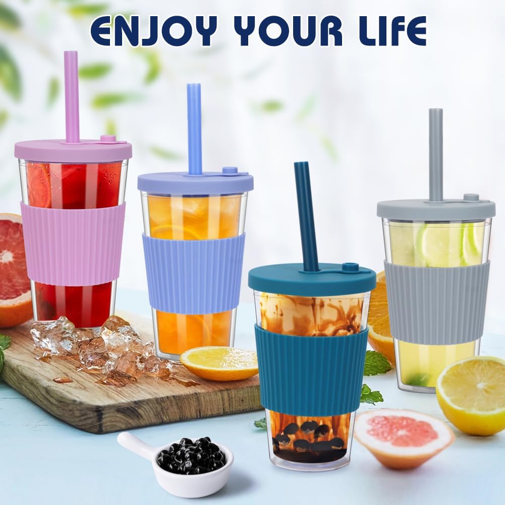 2 Pack Reusable Boba Cups, 17oz Iced Coffee With Straw and Lid, Leakproof Clear Plastic Tumbler, Double Wall Insulated Smoothie Cup, Pastel Violet and Cornflower Blue