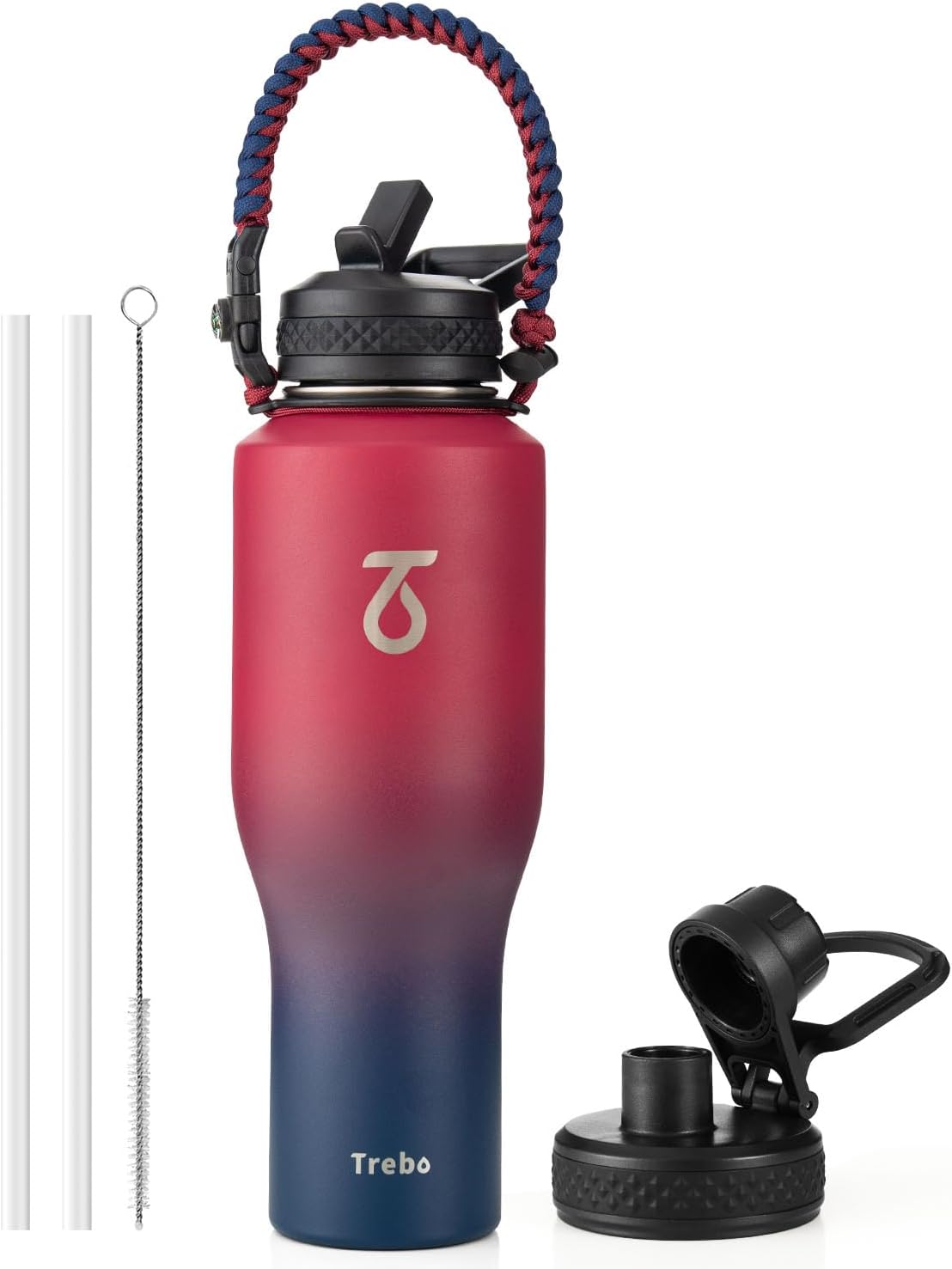 Trebo 40 oz Water Bottle Insulated Fit Car Cup Holder with Handle, Stainless Steel Water Bottles Tumbler with Spout Straw Lids, Double Wall Travel Reusable Flask, Leakproof Mug,Keep Cold &Hot,Black