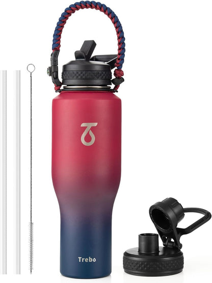 Trebo 40 oz Water Bottle Insulated Fit Car Cup Holder with Handle, Stainless Steel Water Bottles Tumbler with Spout Straw Lids, Double Wall Travel Reusable Flask, Leakproof Mug,Keep Cold &Hot,Black