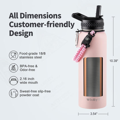 WixByti 40 oz Insulated Water Bottle with Straw (Cold for 36 Hrs), Stainless Steel Triple Wall Vacuum Sports Water Jug, Leakproof Hydro Cup Flask with Paracord Handle & Straw Spout Lids & DIY Stickers