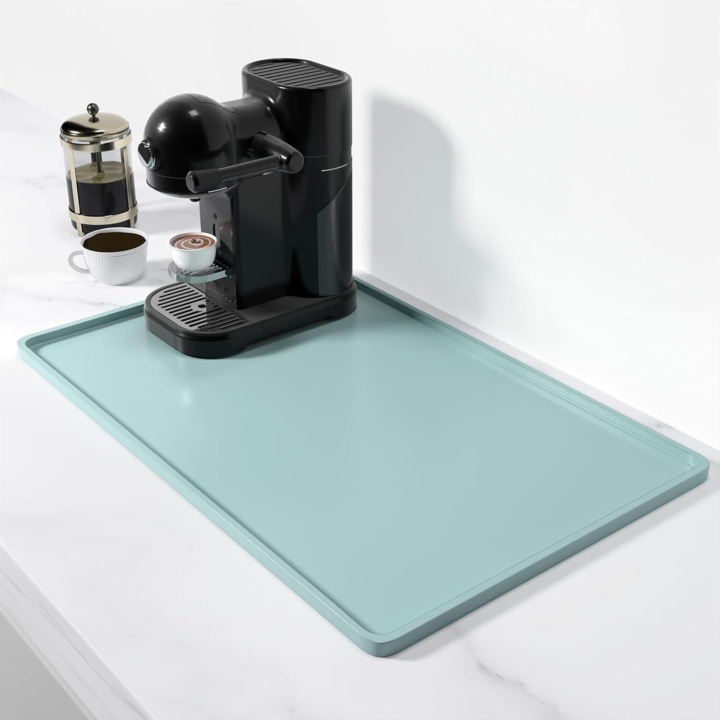 Rnivvi Silicone Coffee Mat, 16" x 24" Waterproof Raised Edge Coffee Bar Mats for Espresso Machine Station Accessories, Heat Resistant Detachable Dish Drying Pad for Kitchen Counter, Dish Rack, Green