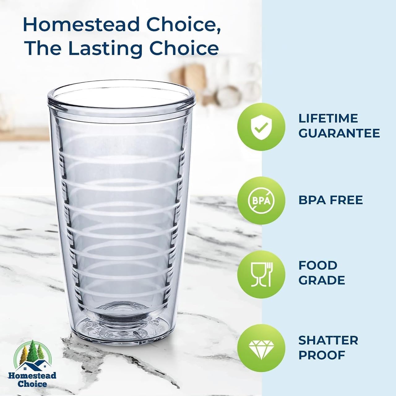 Homestead Choice 16oz Insulated Tumblers Plastic Keeps Drinks Cold & Hot, 4pack Double Walled Clear Insulated Drinking Glasses Cup, BPA-Free, Reusable, Camping, Travel, Kitchen, Party