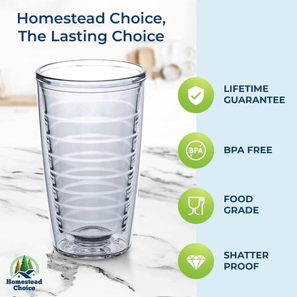 Homestead Choice 16oz Insulated Tumblers Plastic Keeps Drinks Cold & Hot, 4pack Double Walled Clear Insulated Drinking Glasses Cup, BPA-Free, Reusable, Camping, Travel, Kitchen, Party