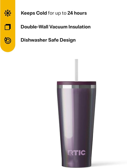RTIC 20oz Everyday Tumbler Insulated Stainless Steel Portable Travel Coffee Cup with Straw, Ceramic Lining, Spill-Resistant Lid, BPA-Free, Hot and Cold Drink, Beach