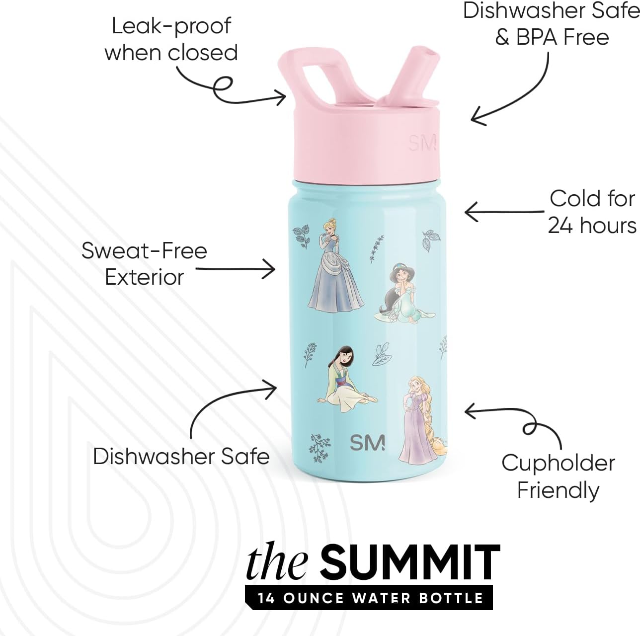 Simple Modern Disney Minnie Mouse Kids Water Bottle with Straw Lid | 14oz Insulated Stainless Steel Kids Tumbler & Spill Proof Toddler Cup for School, Girls, Boys | Summit | Minnie Mouse Fun - Colors A