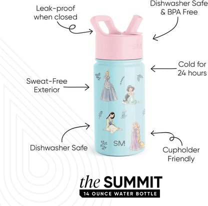 Simple Modern Disney Minnie Mouse Kids Water Bottle with Straw Lid | 14oz Insulated Stainless Steel Kids Tumbler & Spill Proof Toddler Cup for School, Girls, Boys | Summit | Minnie Mouse Fun - Colors A