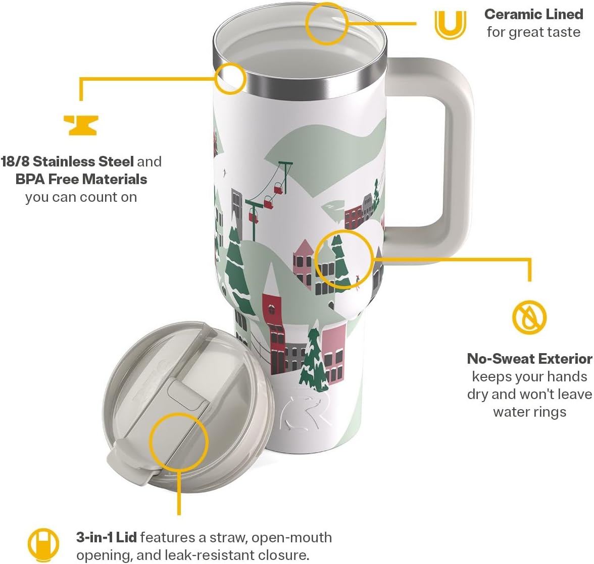 RTIC 30 oz Road Trip Tumbler Double-Walled Ceramic Lined InsulatedStainless Steel Portable Travel Coffee Mug Cup with Lid, Handle and Straw, Periwinkle Bouquet