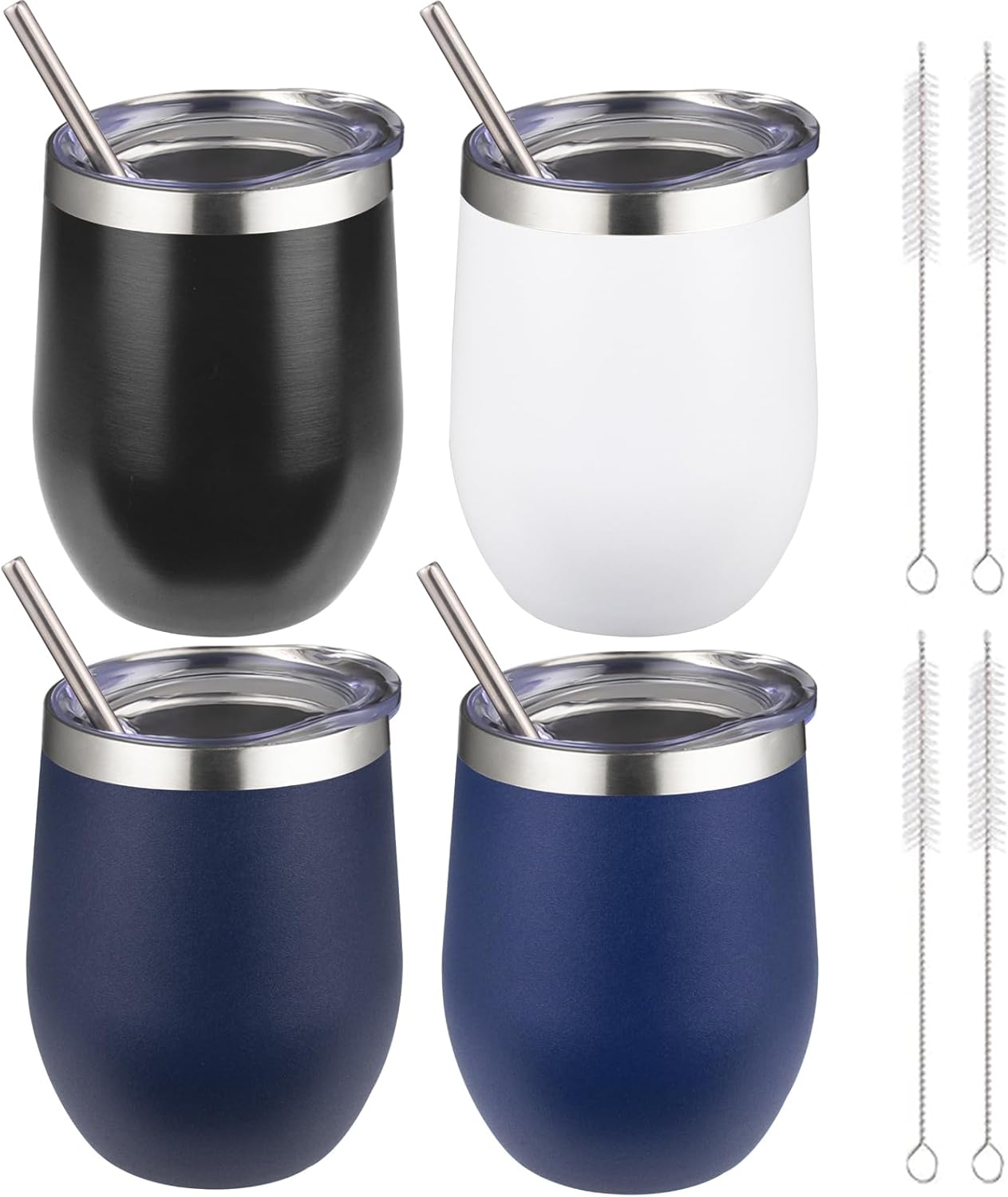 12 oz Insulated Wine Tumbler with Lid and Straw,Stainless Steel Stemless Wine Tumbler Glasses Double Wall Vacuum Wine Cups Tumbler for Coffee,Champaign,Cocktail,Office（Silver,1）