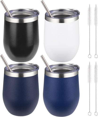 12 oz Insulated Wine Tumbler with Lid and Straw,Stainless Steel Stemless Wine Tumbler Glasses Double Wall Vacuum Wine Cups Tumbler for Coffee,Champaign,Cocktail,Office（Silver,1）