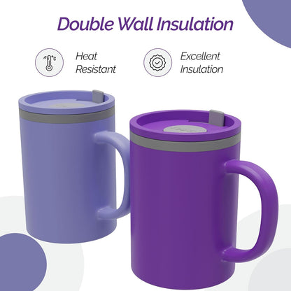 Copco Iconic 16oz Double Wall Insulated Desk Mug with Lid & Handle, Set of 2, BPA-Free Reusable Plastic, Spill-Resistant, Microwave & Dishwasher Safe, Wide Mouth (Grey)