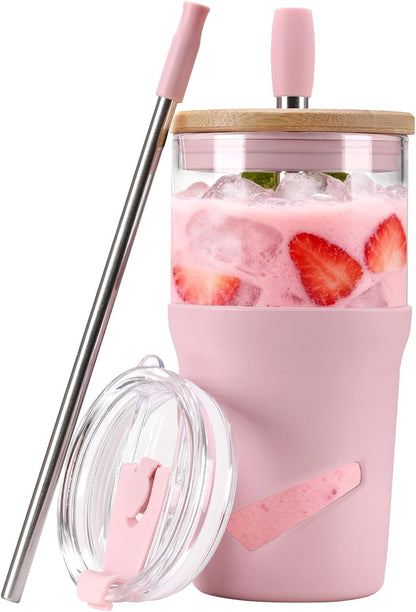 Glass Tumbler with Lids and Straws, 20 oz Iced Coffee Cup and Smoothie Cup with Bamboo Lid and On the go Lid,Glass Cups With Straws