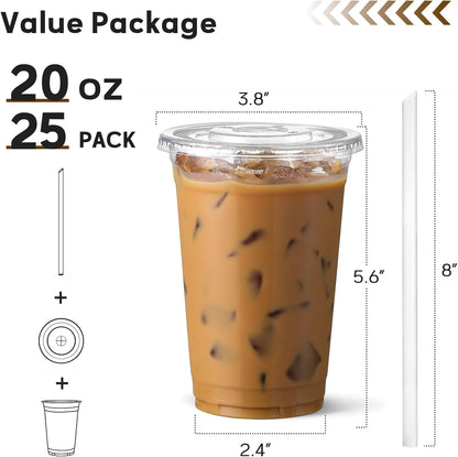 AOZITA 25 Pack - 16 oz Plastic Cups with Lids and Straws, Clear Iced Coffee Cups with Lids, Disposable Cups with Lids for Cold Drinks, Iced Tea, Milkshakes, Smoothies - Durable & BPA Free