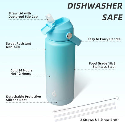 BJPKPK Insulated Water Bottle with Straw Lid, 18oz Thermo Water Bottles with Soft Nozzle, Flex Handle & Non-slip Boot, BPA Free Leak Proof Stainless Steel Metal Thermo, Tumblers, Cups,Sea Salt