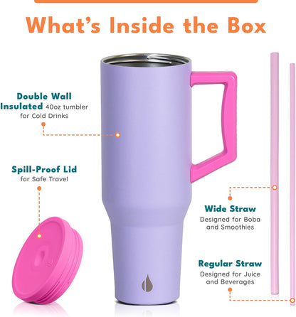 Elemental 32 oz 100% Leak Proof Tumbler with Handle & Straw - Stainless Steel Double Wall Insulated Tumbler for Hot and Cold Beverages - Travel Coffee Mug with Sip & Straw Lid - White - Colors B