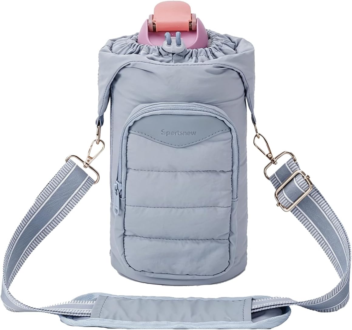 sportsnew Water Bottle Holder, Crossbody Insulated Cup Sleeve for 30oz/40oz Tumbler with Handle, Puffy Carrier Bag with Phone & RFID-Blocking Card Pocket & Drawstring Closure for Quick Access