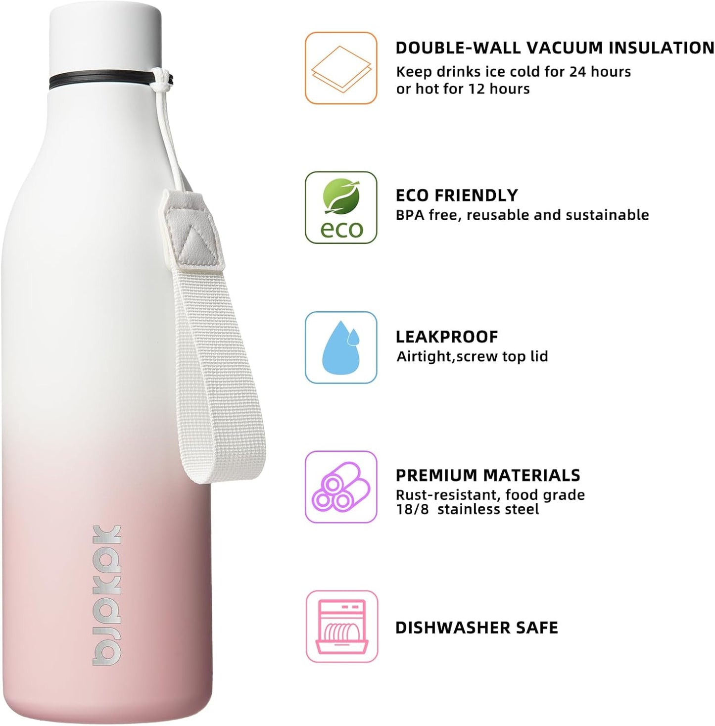 BJPKPK Insulated Water Bottles, 18 oz Stainless Steel Metal Water Bottle with Strap, BPA Free Leak Proof Jugs, Mugs, Flasks, Reusable Thermal Flasks for Sports & Travel, Black - Colors B