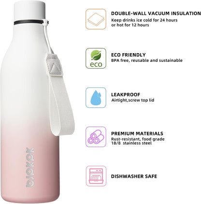 BJPKPK Insulated Water Bottles, 18 oz Stainless Steel Metal Water Bottle with Strap, BPA Free Leak Proof Jugs, Mugs, Flasks, Reusable Thermal Flasks for Sports & Travel, Black - Colors B