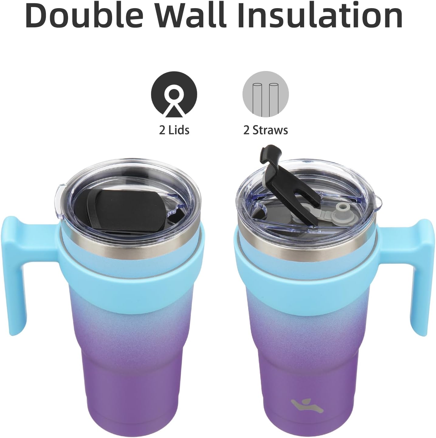 Konokyo 20 oz Tumbler with Handle and 2 Straw 2 Lid, Insulated Water Bottle Stainless Steel Vacuum Cup Reusable Travel Mug,Black