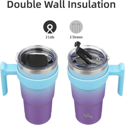 Konokyo 20 oz Tumbler with Handle and 2 Straw 2 Lid, Insulated Water Bottle Stainless Steel Vacuum Cup Reusable Travel Mug,Black