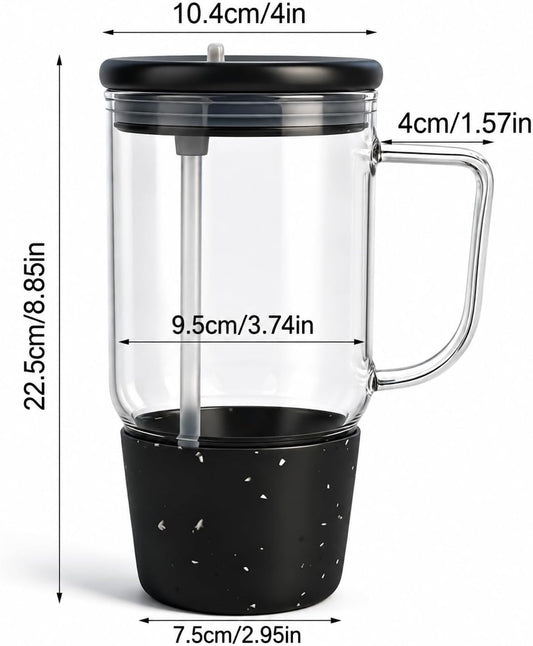 40oz Glass Tumbler with Flip Straw Lid, Handle, Silicone Sleeve, Black | Leakproof Lid, Fits Car Cup Holder Glass for Iced Coffee, Water, Cold Drinks, Travel, Outdoor, Partys&Home