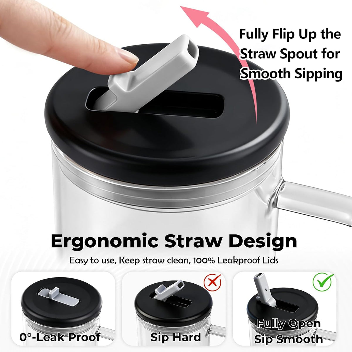 40oz Glass Tumbler with Flip Straw Lid, Handle, Silicone Sleeve, Black | Leakproof Lid, Fits Car Cup Holder Glass for Iced Coffee, Water, Cold Drinks, Travel, Outdoor, Partys&Home