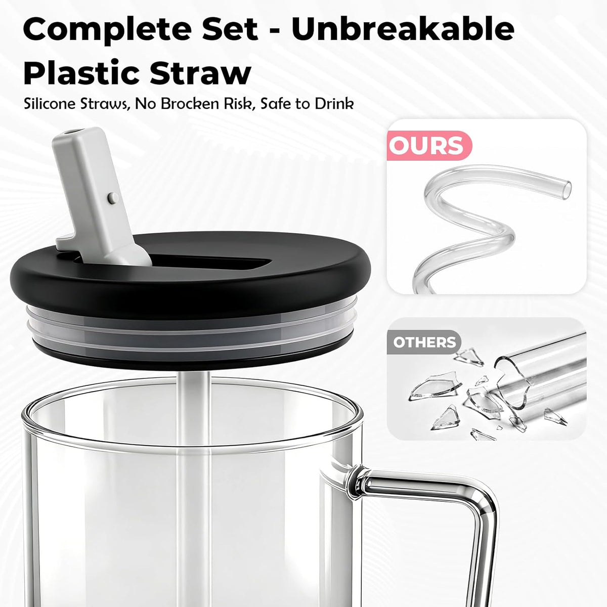 40oz Glass Tumbler with Flip Straw Lid, Handle, Silicone Sleeve, Black | Leakproof Lid, Fits Car Cup Holder Glass for Iced Coffee, Water, Cold Drinks, Travel, Outdoor, Partys&Home