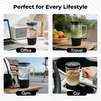 40oz Glass Tumbler with Flip Straw Lid, Handle, Silicone Sleeve, Black | Leakproof Lid, Fits Car Cup Holder Glass for Iced Coffee, Water, Cold Drinks, Travel, Outdoor, Partys&Home