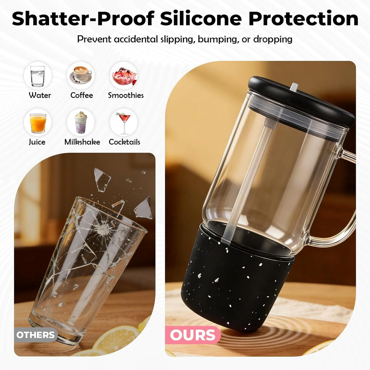 40oz Glass Tumbler with Flip Straw Lid, Handle, Silicone Sleeve, Black | Leakproof Lid, Fits Car Cup Holder Glass for Iced Coffee, Water, Cold Drinks, Travel, Outdoor, Partys&Home